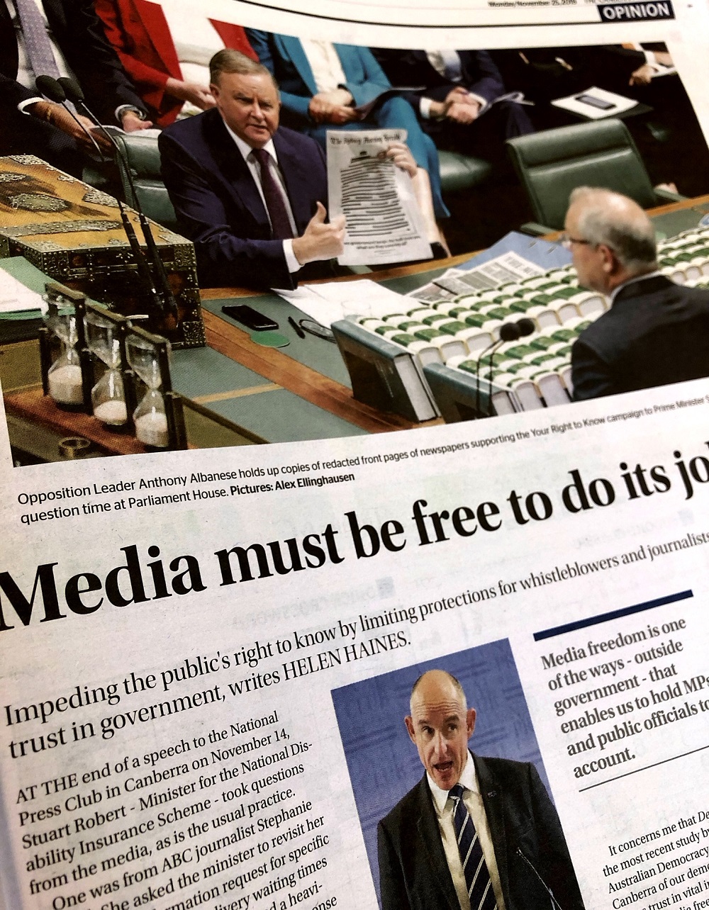 191125 media freedom canberra times front page jk